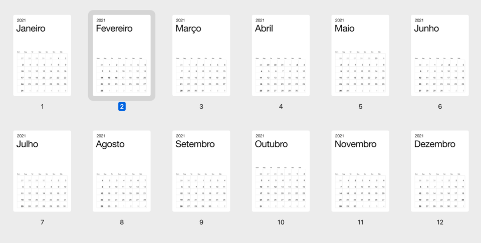 Miniaturas dos doze meses de 2021, no calendário imprimível do Manual do Usuário.