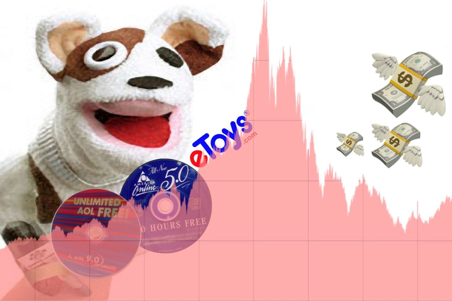Montagem. Gráfico das bolsas norte-americanas no período da bolha da internet. Atrás, mascote do Pets.com, CDs da Aol e o logo da eToys do lado esquerdo; no direito, emoji das notas de dinheiro com asas.