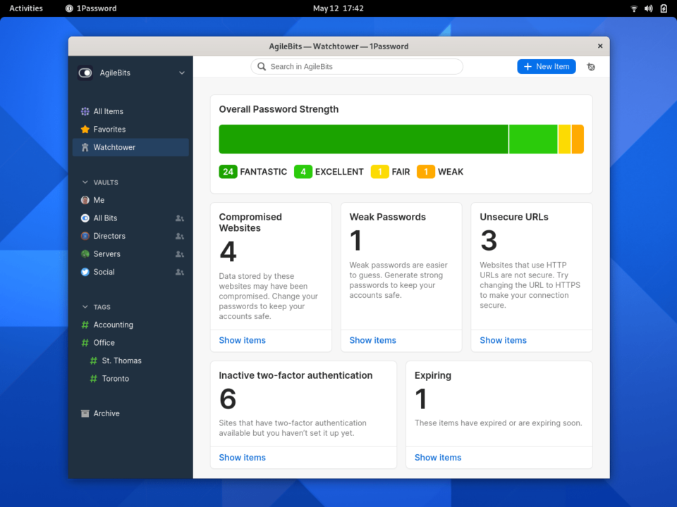 Print do 1Password para Linux no ambiente Gnome.