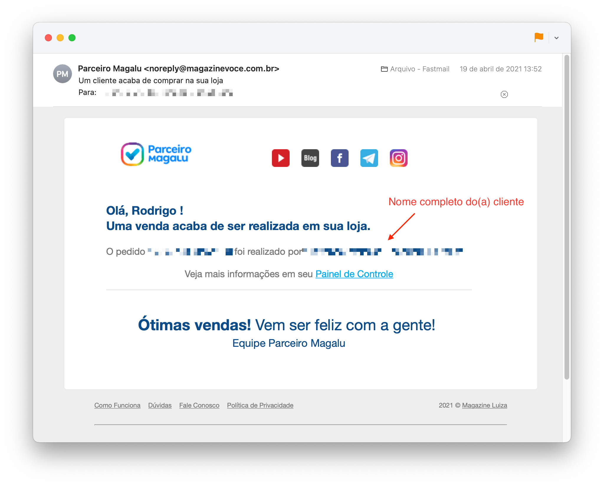 E-mail de notificação de nova compra no Parceiro Magalu, revelando o nome do(a) comprador(a).