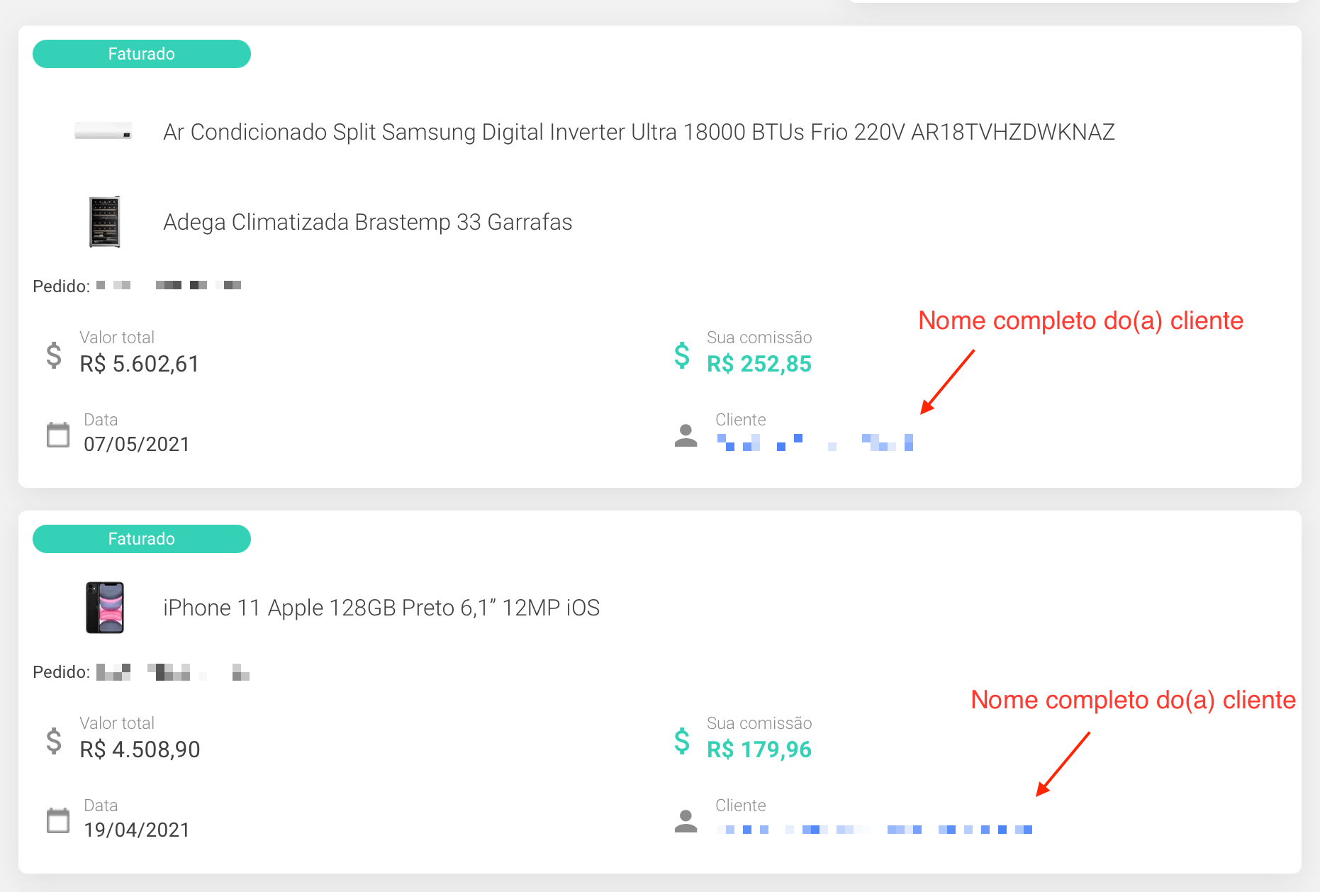 Print do painel de controle do Parceiro Magalu, mostrando duas compras com os nomes completos (ocultados) dos compradores.