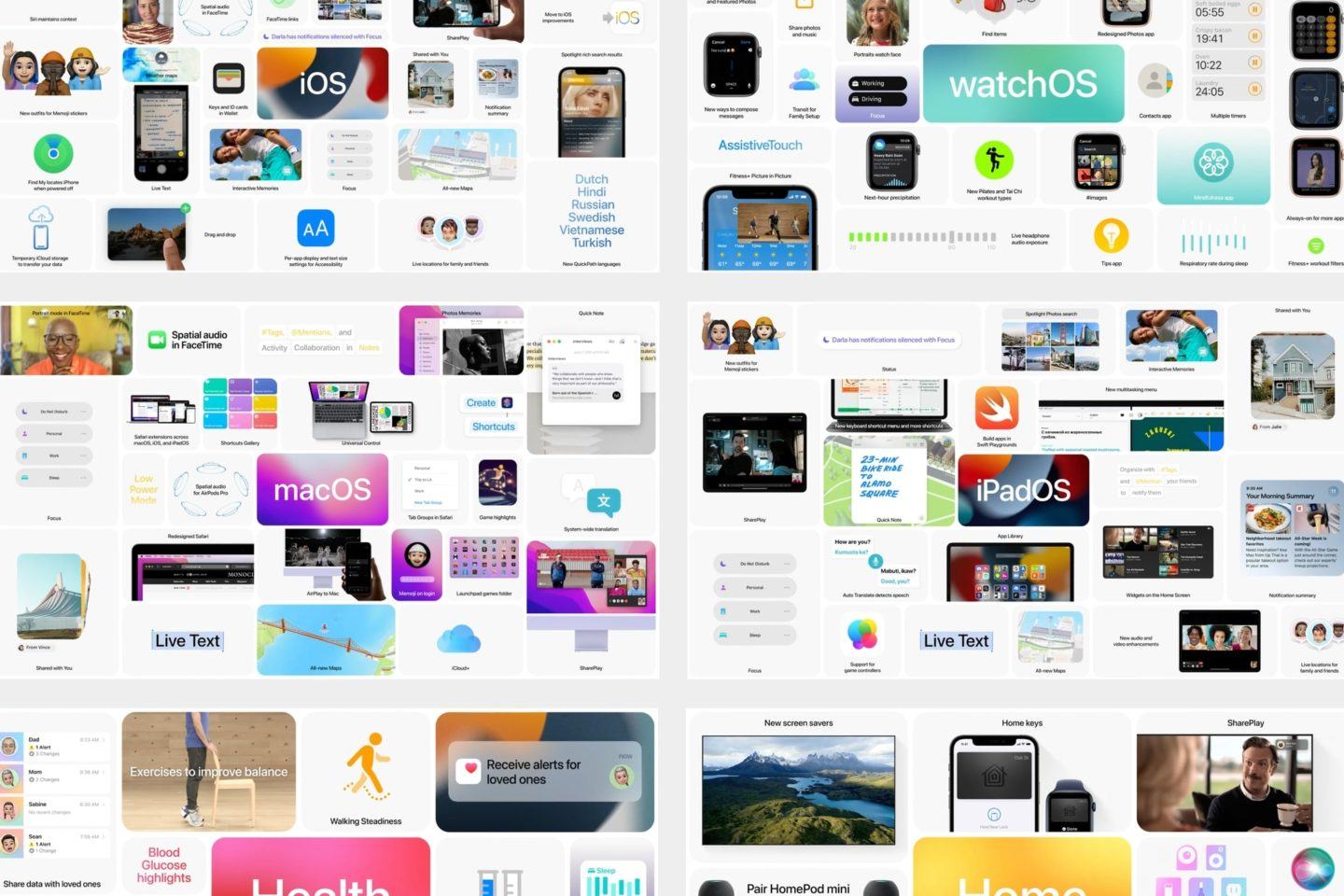 Colagem das várias telas de novos recursos mostradas na abertura da WWDC 2021.