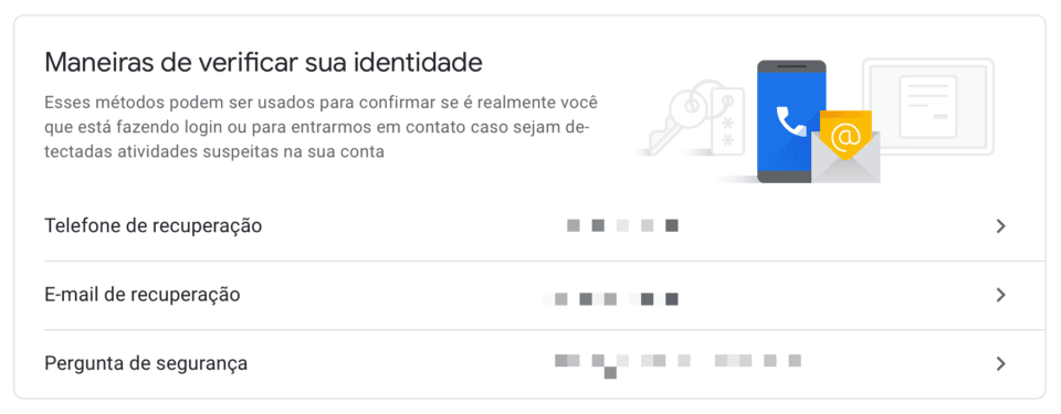 Recuperação da Conta Google: “Esses métodos podem ser usados para confirmar se é realmente você que está fazendo login ou para entrarmos em contato caso sejam detectadas atividades suspeitas na sua conta”.