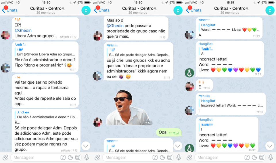 Três prints do grupo do bairro no Telegram, do dia em que me pediram para liberar robôs de jogos. No último, uma partida de forca rolando.