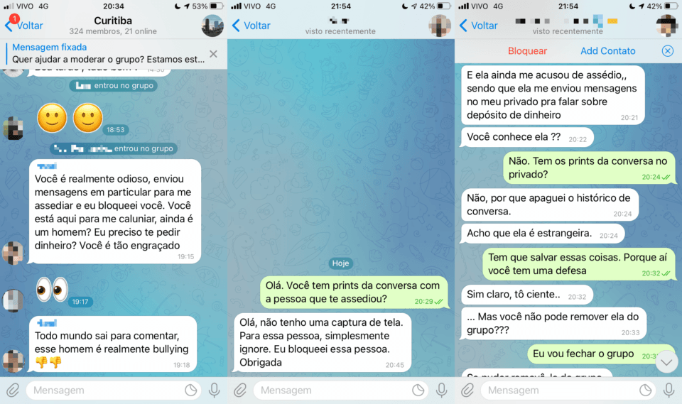 Três prints de conversas do Telegram: 1) A denúncia de assédio no grupo; 2) Conversa com a suposta vítima; e 3) Conversa com o suposto assediador.