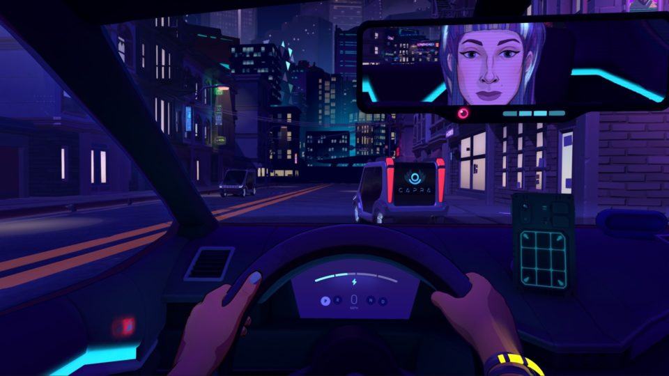 Print do jogo “Neo Cab”. Visão da Lina do painel do carro, com o rosto de uma mulher no retrovisor.