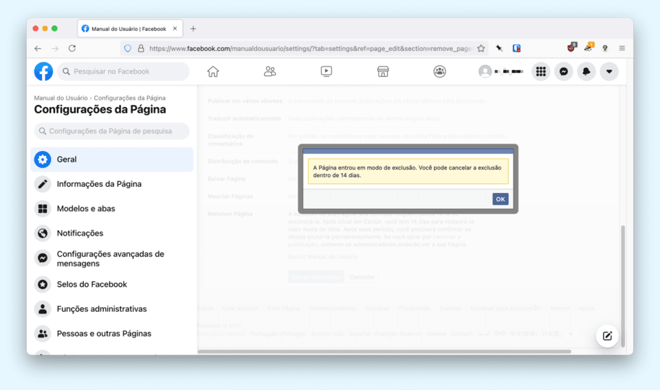 Print da tela de confirmação, no Firefox desktop, da exclusão da página do Manual do Usuário no Facebook.