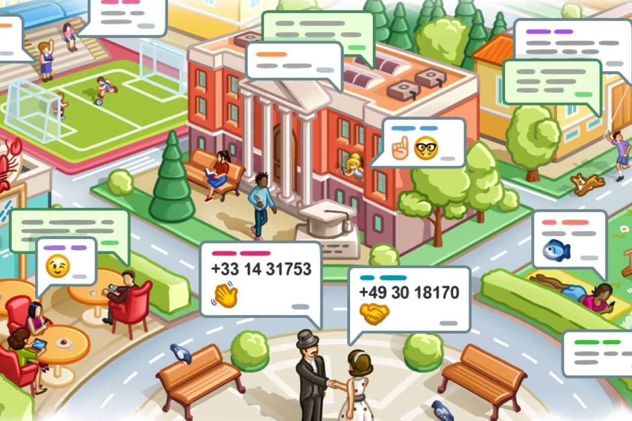 Ilustração de uma cidade miniaturizada, com várias pessoas com balões de mensagens parecidos com os do Telegram sobre suas cabeças.