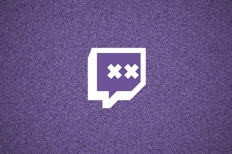 Logo da Twitch com dois “x” no lugar dos olhos, em um fundo roxo com ruído.