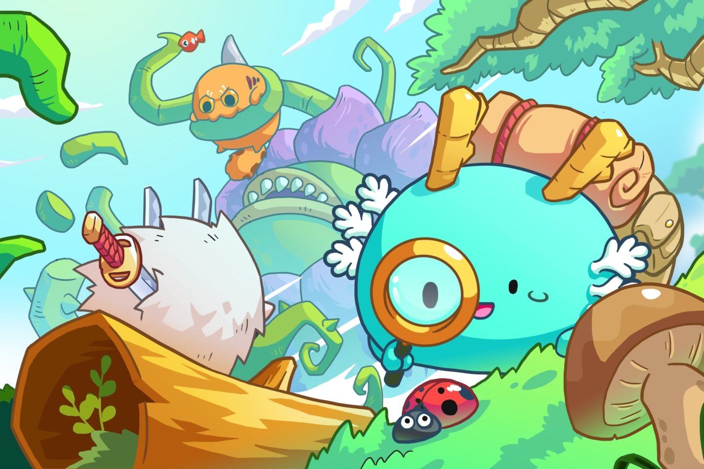 Ilustração bem colorida de vários personagens do jogo “Axie Infinity” batalhando.
