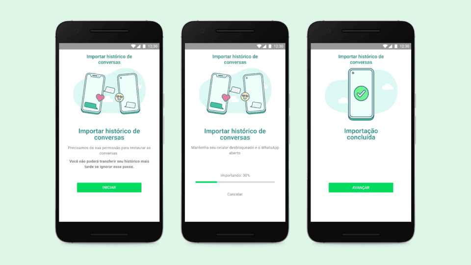 Três prints do WhatsApp mostrando como funcionará a transferência do histórico entre plataformas.