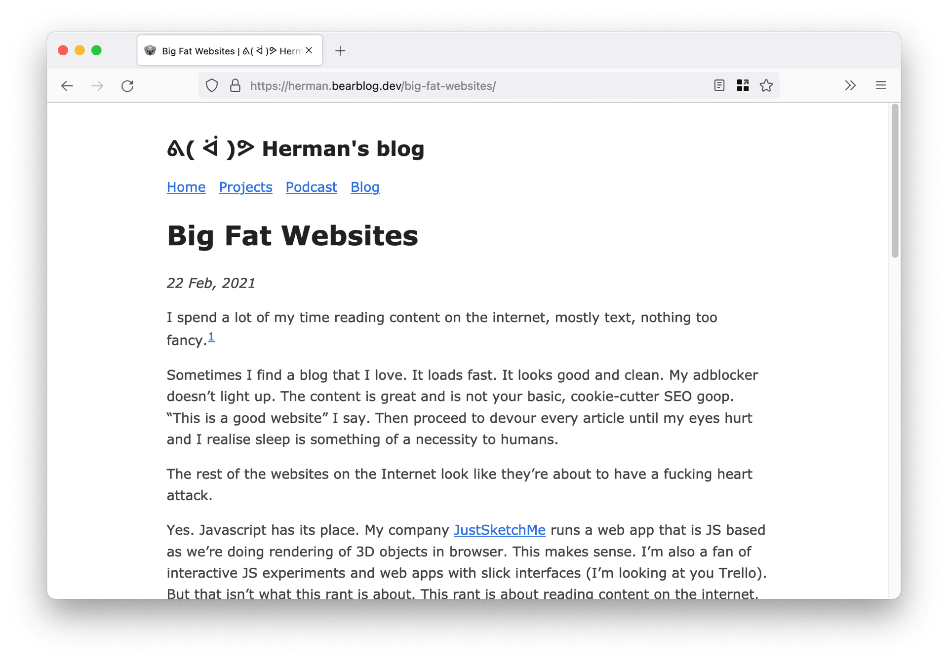 Print do Firefox para macOS com um post aberto do blog do Herman no Bear Blog.