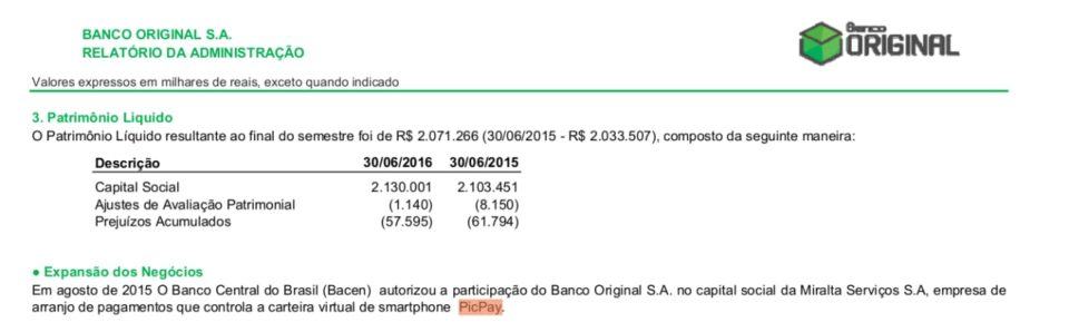 Trecho de um relatório de administração do Banco Original que menciona a autorização do Banco Central para que o Original tivesse participação no capital social do PicPay.