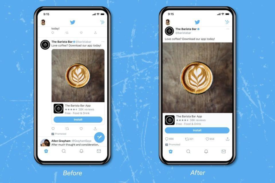 Dois prints do Twitter no iOS, mostrando o “antes e depois” no visual borda a borda da timeline.