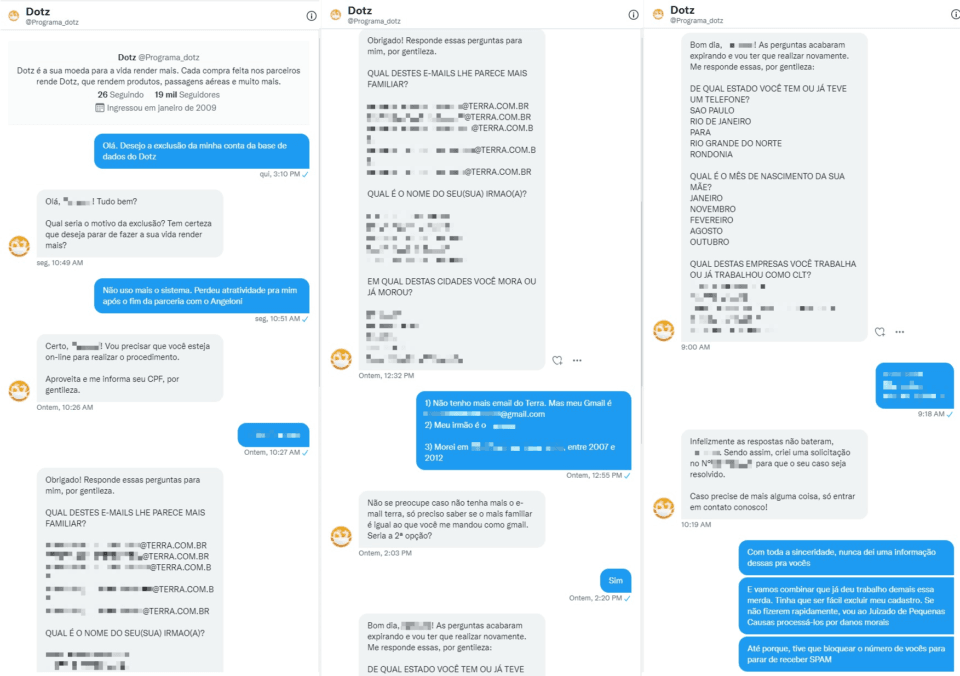 Três prints com a conversa entre Juliano e a Dotz, nas DMs do Twitter, com dados pessoais ocultados.