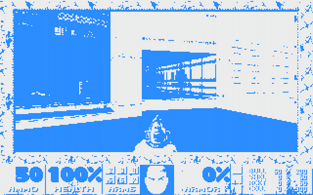 Print de uma tela de Doom renderizado em caixas de seleção de HTML (monocromático, pois, apenas branco e azul).