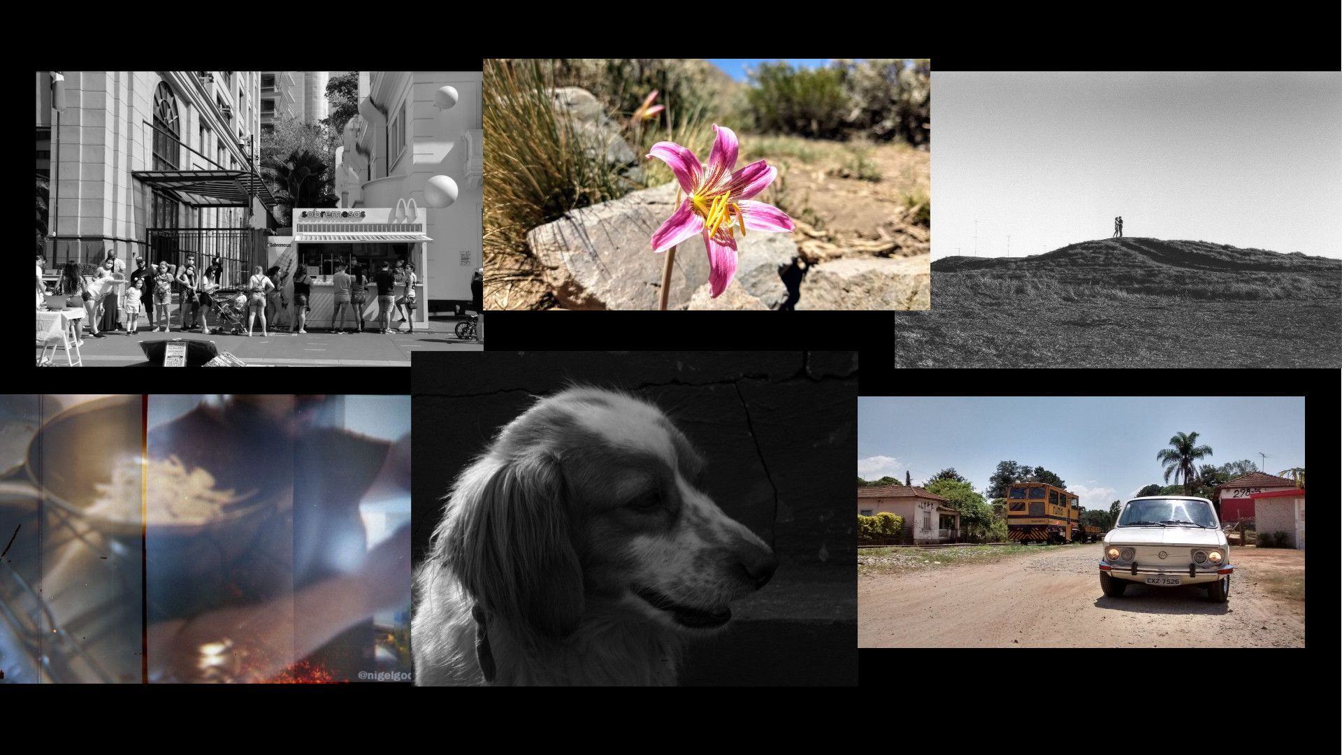 Seis fotos diversas (as do post), três coloridas, três preto e branco, dispostas de modo mais ou menos ordenado contra um fundo preto.