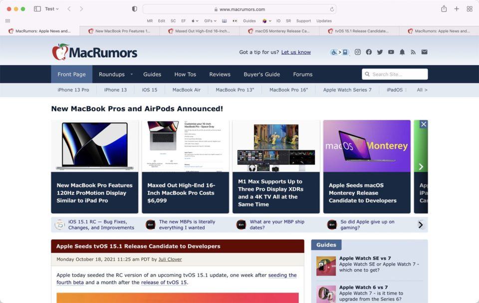 Print do Safari 15 do macOS 12 Monterey com várias abas abertas, a em exibição no site do MacRumors.