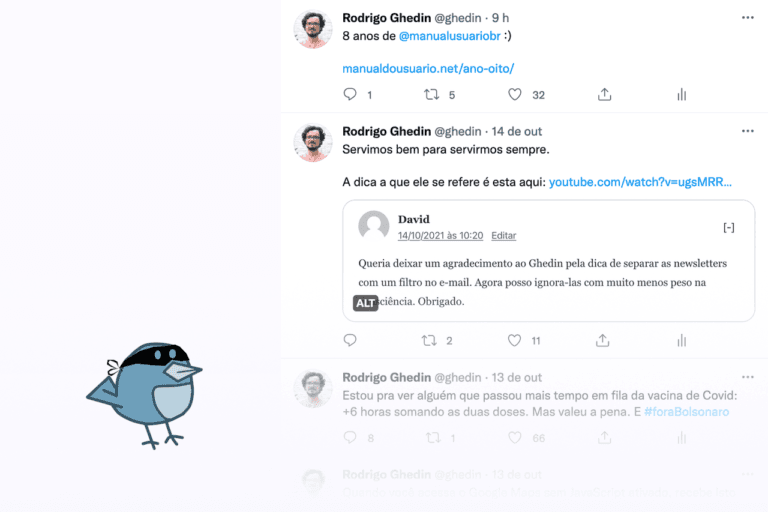 Pássaro com faixa preta nos olhos, mascote do Semiphemeral, olhando para uma linha do tempo do Twitter do @ghedin com um gradiente na base, sugerindo que conteúdo antigo está sendo excluído.