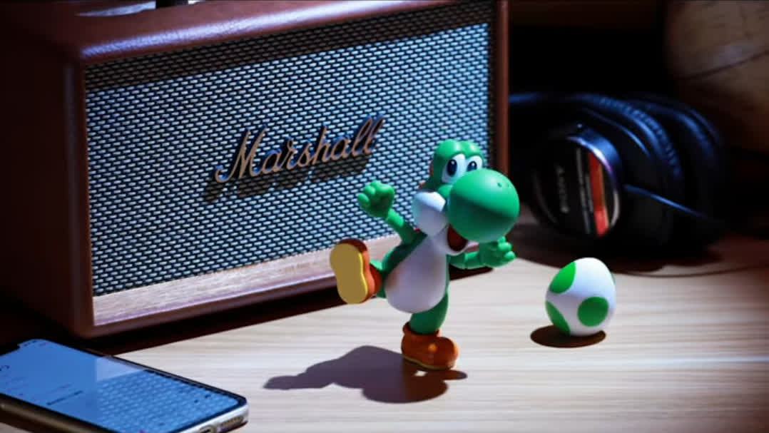Quadro do vídeo de stop-motion do Yoshi dançando em frente a uma caixa de som da Marshall e com um ovinho ao lado.