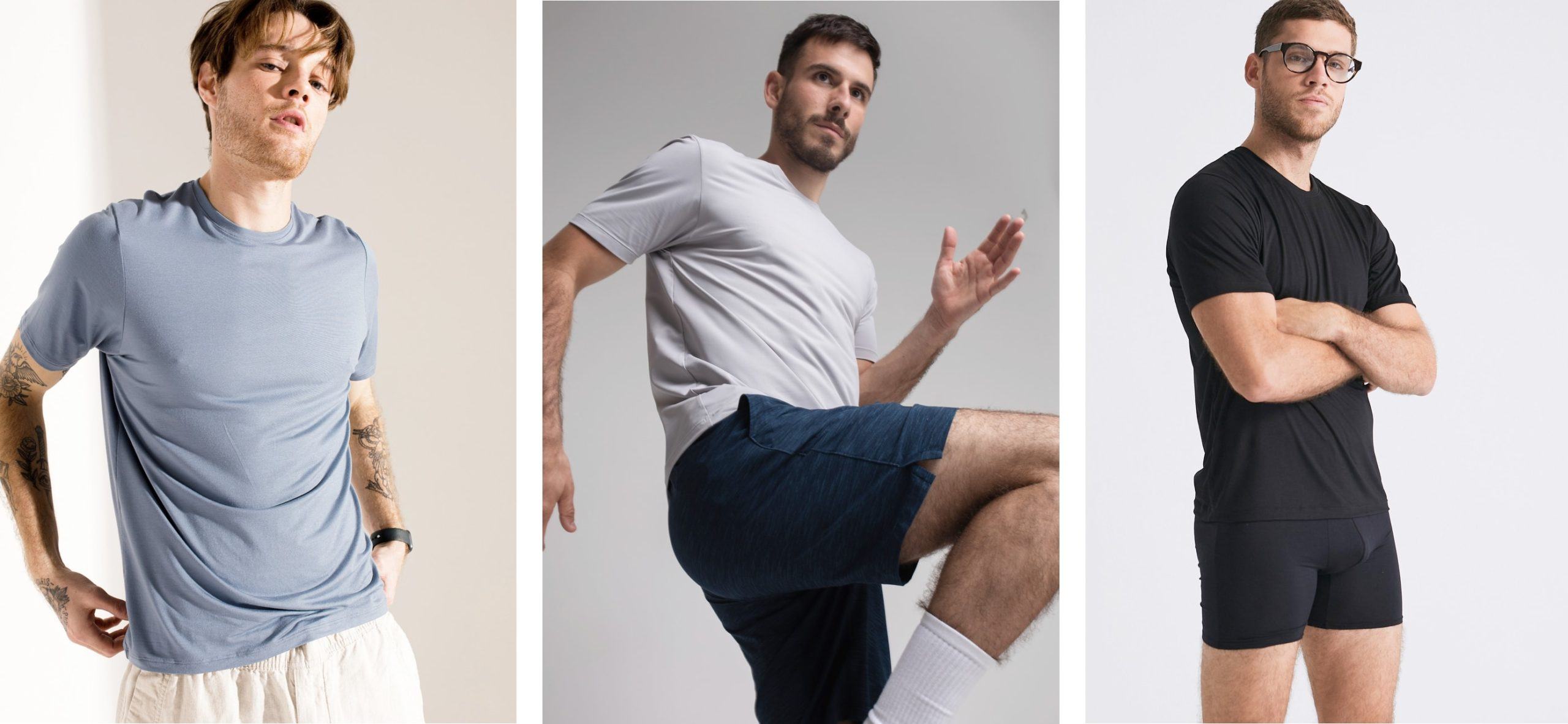 Fotos de três homens brancos: 1) camiseta azul e shorts brancos, com os cotovelos levemente para trás; 2) camiseta cinza, shorts azul escuro e meias brancas, em posição de corrida; e 3) de óculos, camiseta e cueca boxer pretas, braços cruzados.