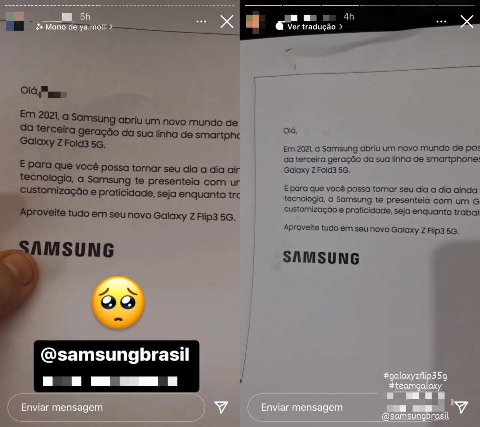 Print de dois stories lado a lado, com os nomes dos autores ocultados, mostrando a cartinha da Samsung. Destaque para os trechos: “[…] a Samsung te presenteia” e “Aproveite tudo em seu novo Galaxy Z Flip 3.”