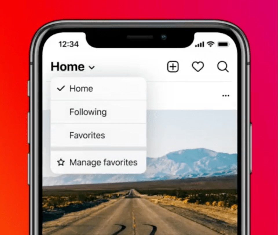 Print do novo seletor de visualização do Instagram, exibindo um menu no canto superior esquerdo com as opções “Home”, “Following” e “Favorites”, e mais um botão para gerenciar os favoritos.