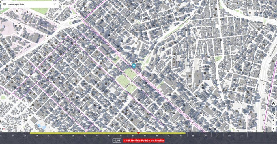 Região da Avenida Paulista, em São Paulo, exibida no mapa de sombras, próximo às 15h.