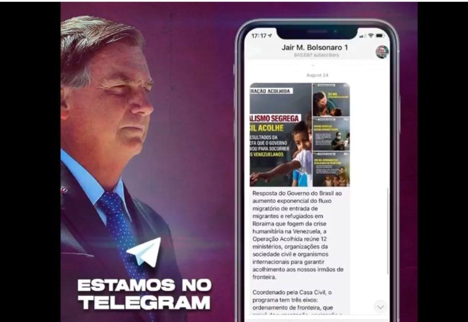 Print de peça de propaganda de Jair Bolsonaro convidando militantes a segui-lo no Telegram.