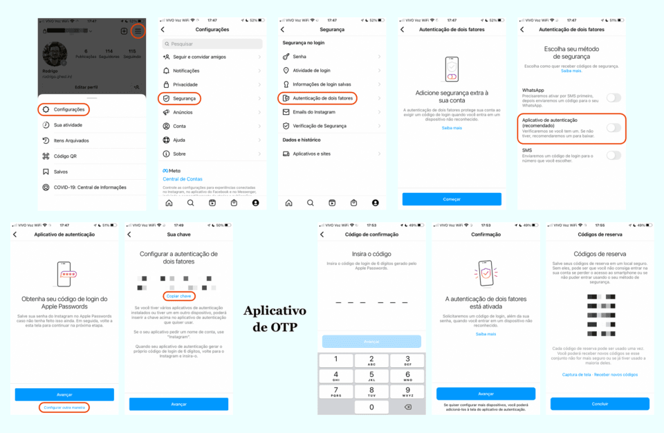 Telas do Instagram mostrando o passo a passo para configurar a autenticação em dois fatores (2FA) usando aplicativos OTP.