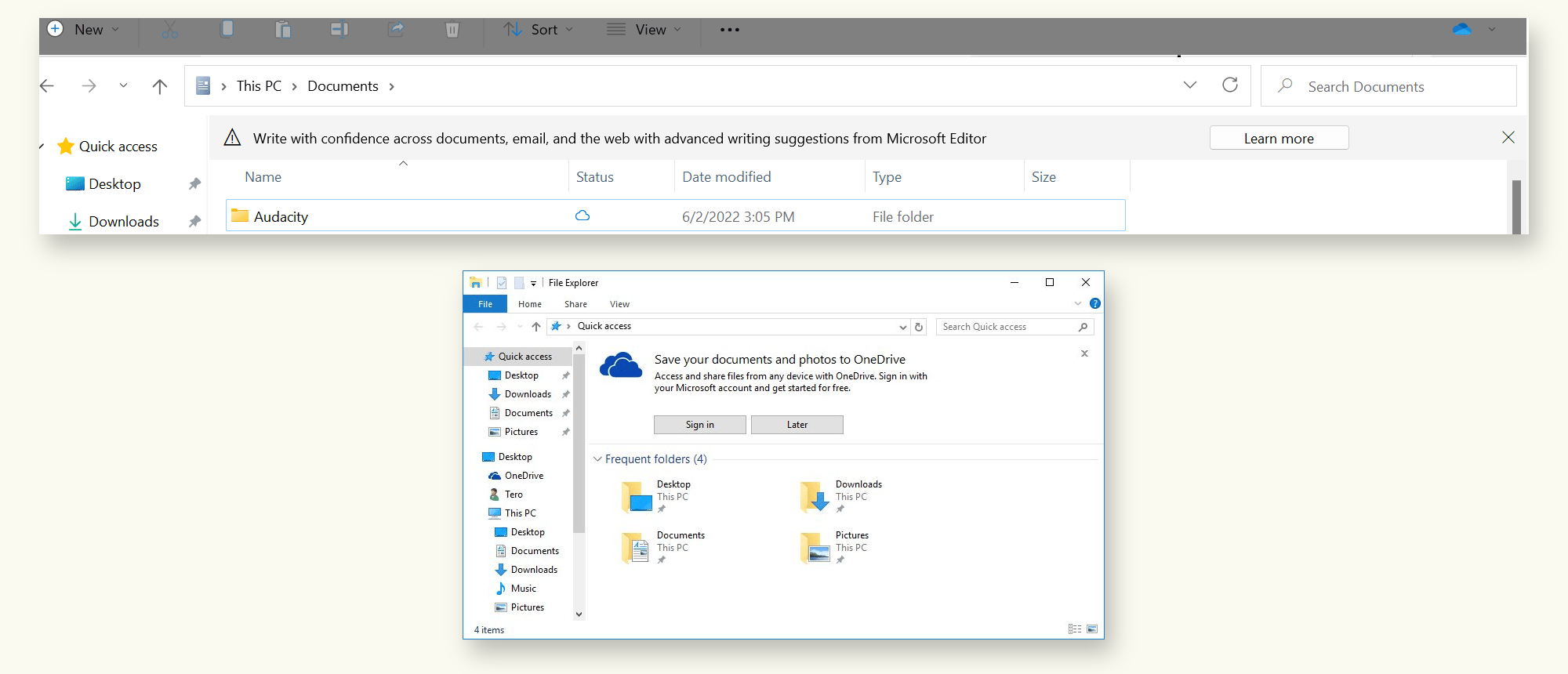 Dois prints parciais do Explorer do Windows 11 mostrando anúncios em texto do OneDrive e do Microsoft Editor.