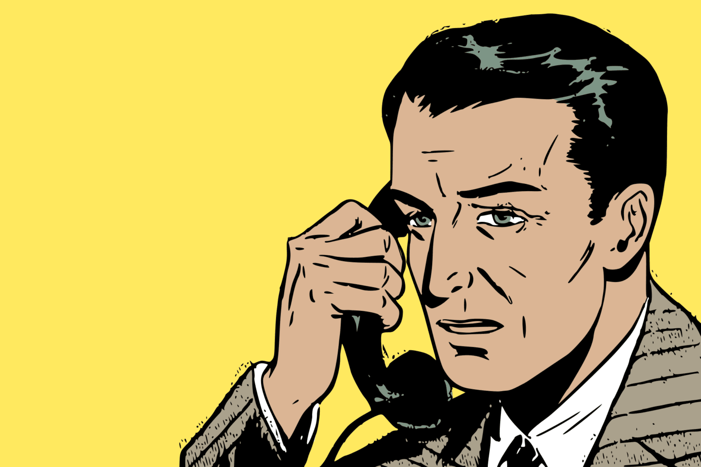 Desenho de um homem branco, cabelo curto escuro, com a expressão fechada, vestindo terno e gravata, falando ao telefone.