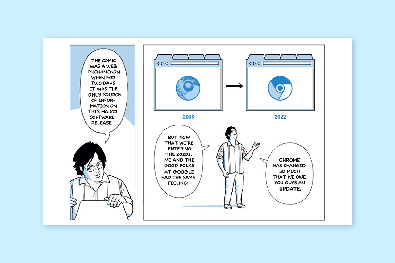 Quadrinho do Chrome. Nos balões, em inglês: “O quadrinho foi um fenômeno na web quando, por dois dias, ele foi a única fonte de informações desse grande lançamento de software.” “Mas agora que estamos entrando nos anos 2020, eu e as boas pessoas do Google temos a mesma sensação:” “O Chrome mudou tanto que devemos a vocês uma atualização [do quadrinho].”