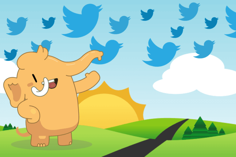 Mastodonte, mascote do Mastodon, em primeiro plano, com pássaros do Twitter voando em uma paisagem com um sol ao fundo, uma estrada e campos verdes nas laterais.