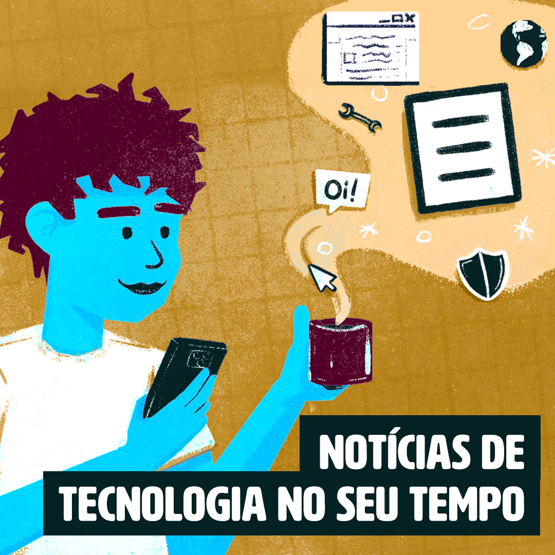 Pessoa de sexo não identificado, com cabelo marrom e pele azul, segurando uma xícara de café com vários ícones em alusão ao Manual do Usuário na fumaça e um celular na outra mão. Embaixo, o texto: “Notícias de tecnologia no seu tempo”.