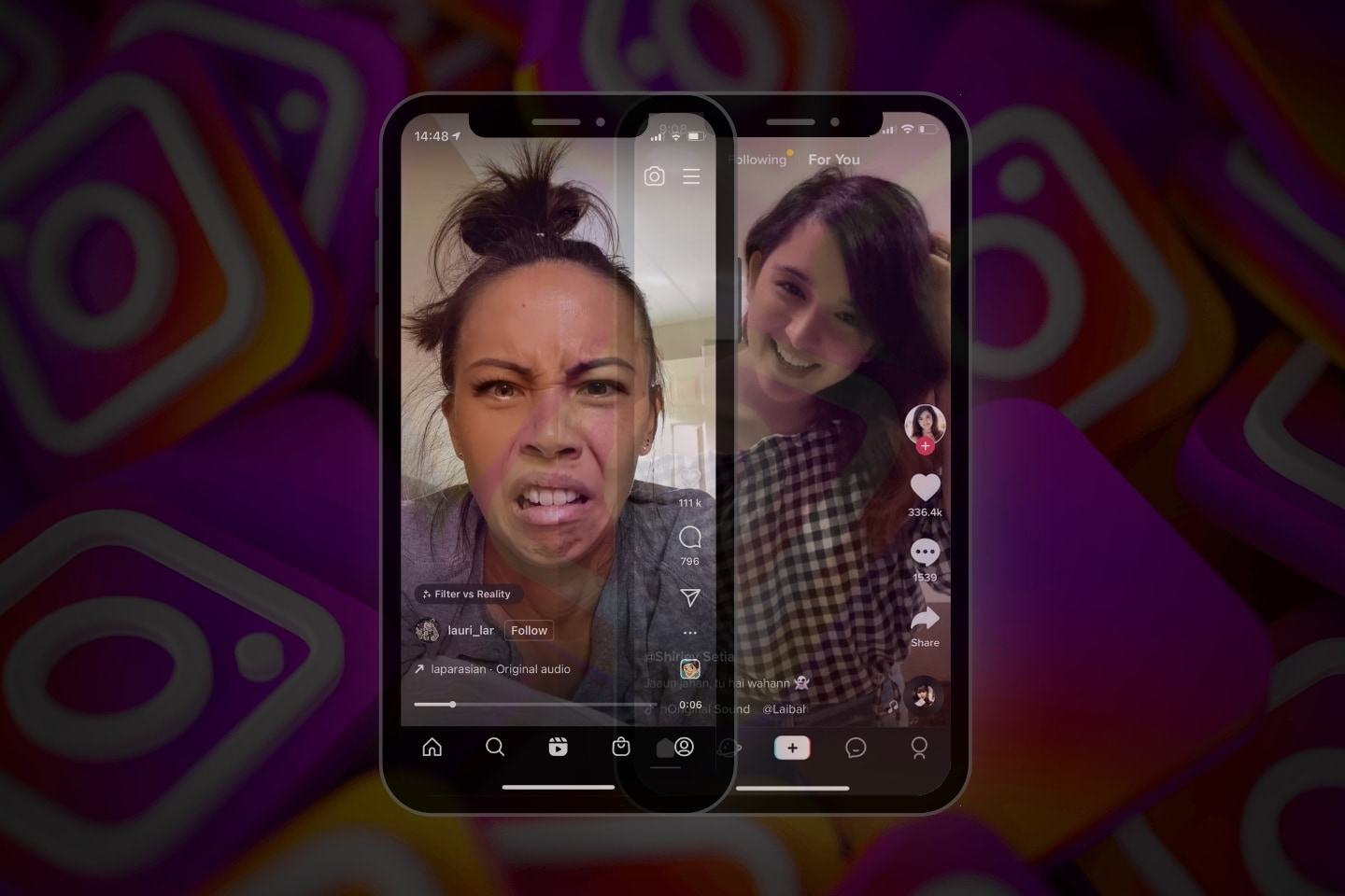 Dois prints, do TikTok e do Instagram, semi-sobrepostos e levemente transparentes. Ao fundo, ícones em formato físico do Instagram preenchendo a tela, escurecidos.