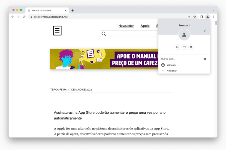 Print do ungoogled-chromium, com o Manual do Usuário aberto, e o menu de “perfil” do navegador aberto também.