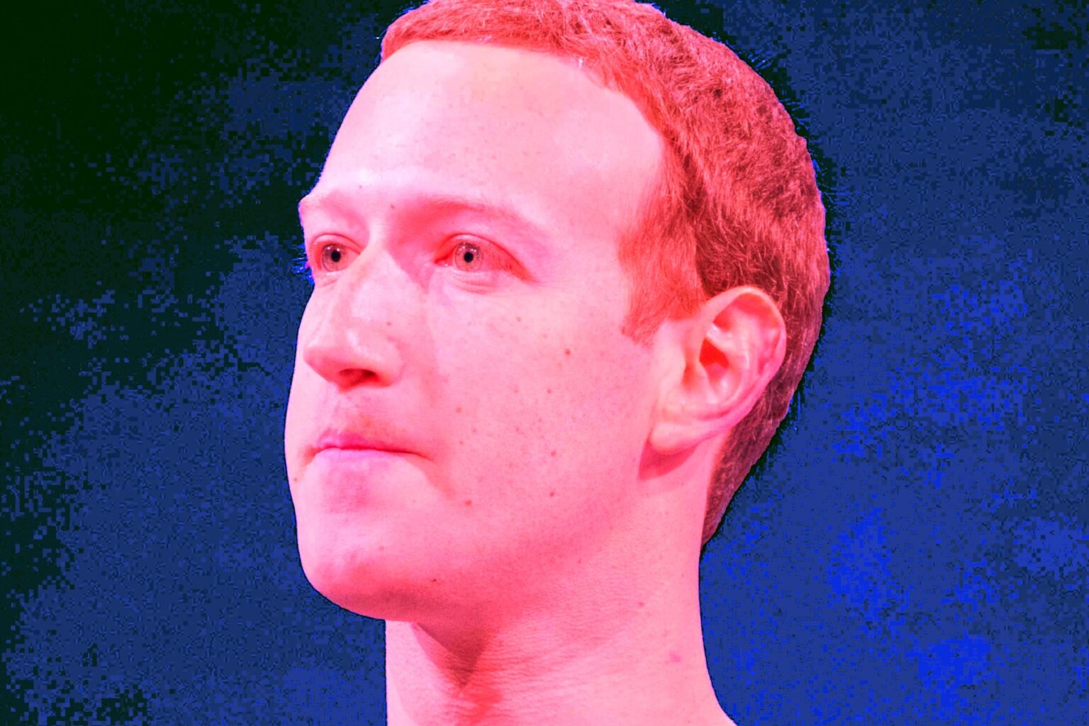 Foto de rosto de Mark Zuckerberg, apreensivo, editada para deixá-lo vermelho, como se fosse um filtro.