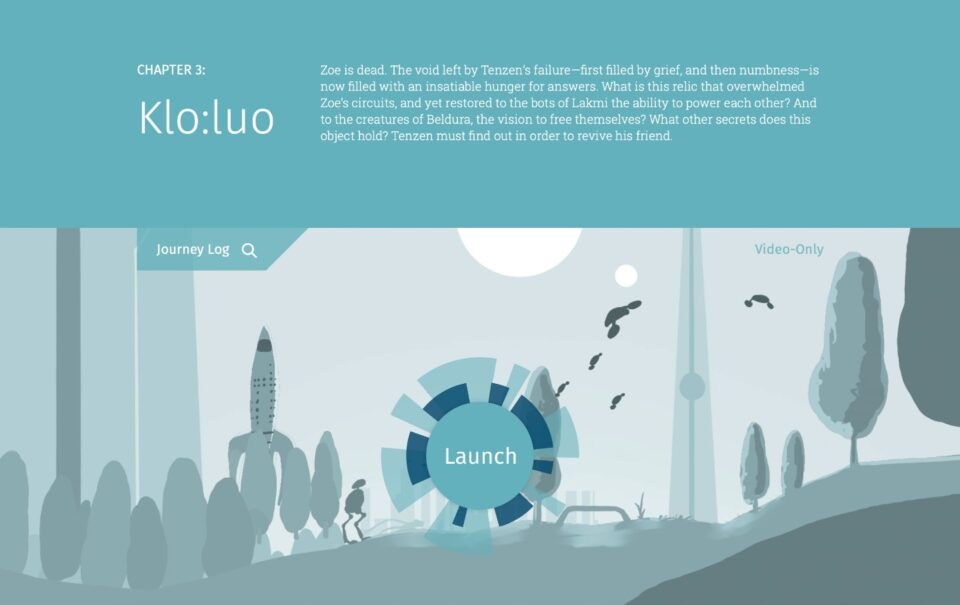 Trecho da landing page da campanha de lançamento do Thelios, com um texto em inglês, uma ilustração azulada de um foguete e um botão no meio dela para iniciar um vídeo.