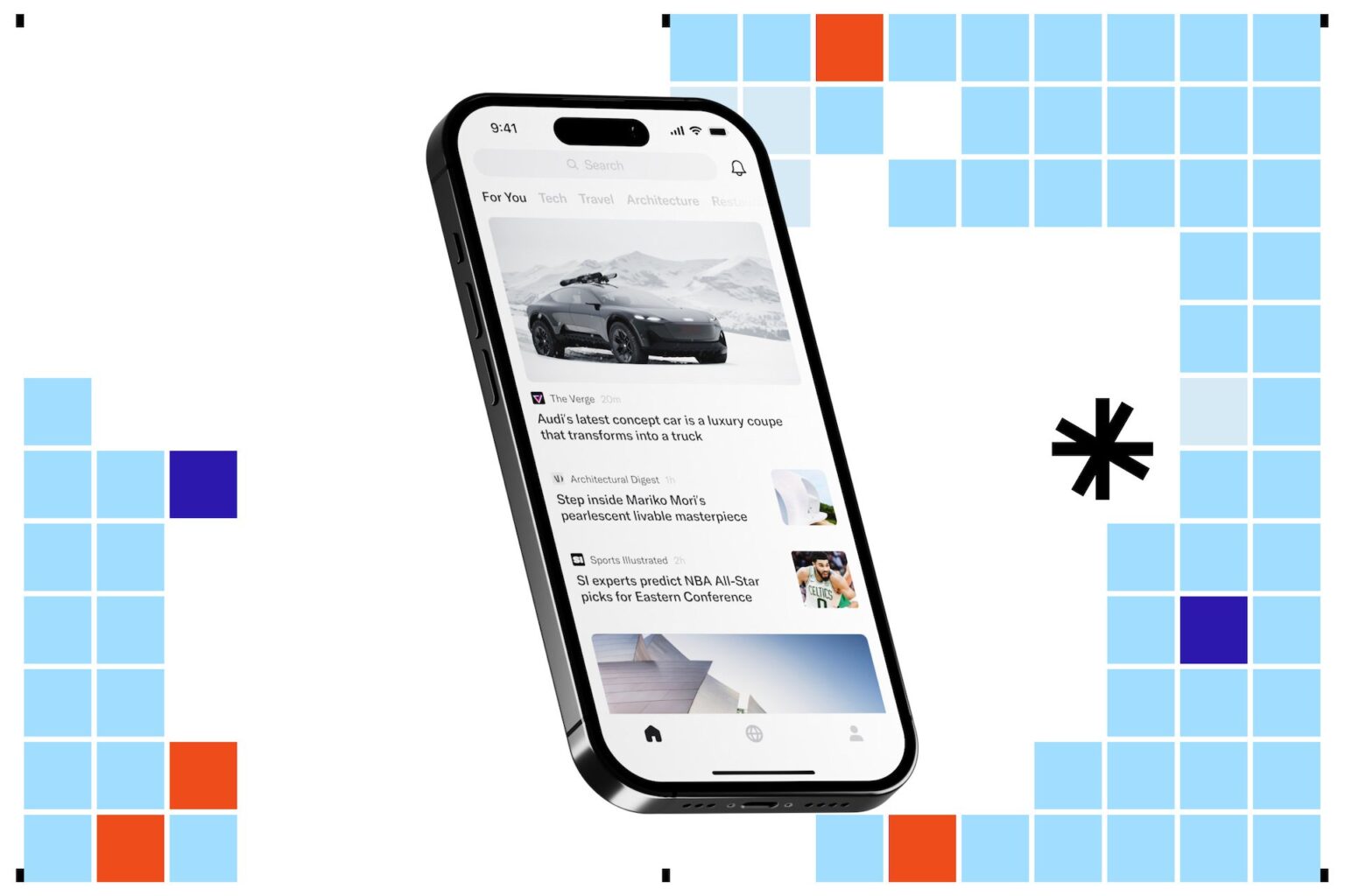 Print da tela inicial do Artifact, com algumas manchetes listadas, em um iPhone 14 Pro levemente inclinado. Ao fundo, quadrados azuis e uns poucos vermelhos, e um asterisco estilizado (logo do Artifact).