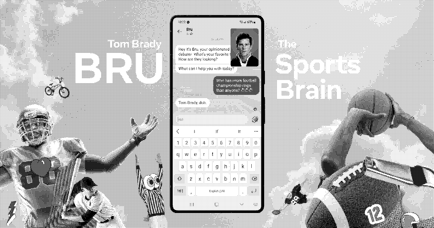 Celular no centro da tela, com um app de conversas aberto e um avatar de Tom Brady no canto superior direito. Ao fundo, ícones e pessoas fazendo alusão ao futebol americano. Imagem com efeito dithering em preto e branco.