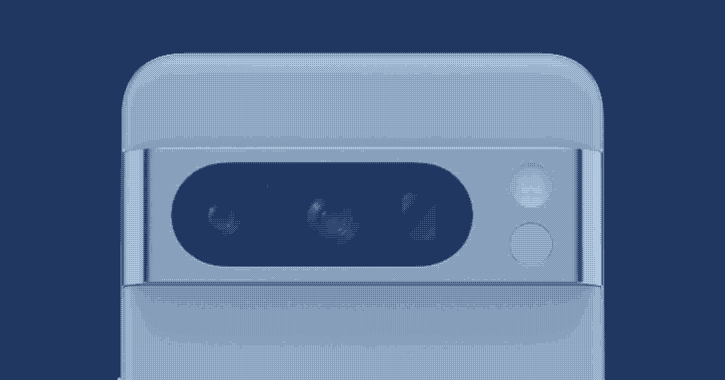 Foto da parte de cima, das costas, do Pixel 8 Pro azul, com a faixa de câmeras no detalhe. Imagem com efeito dithering em tons de azul.