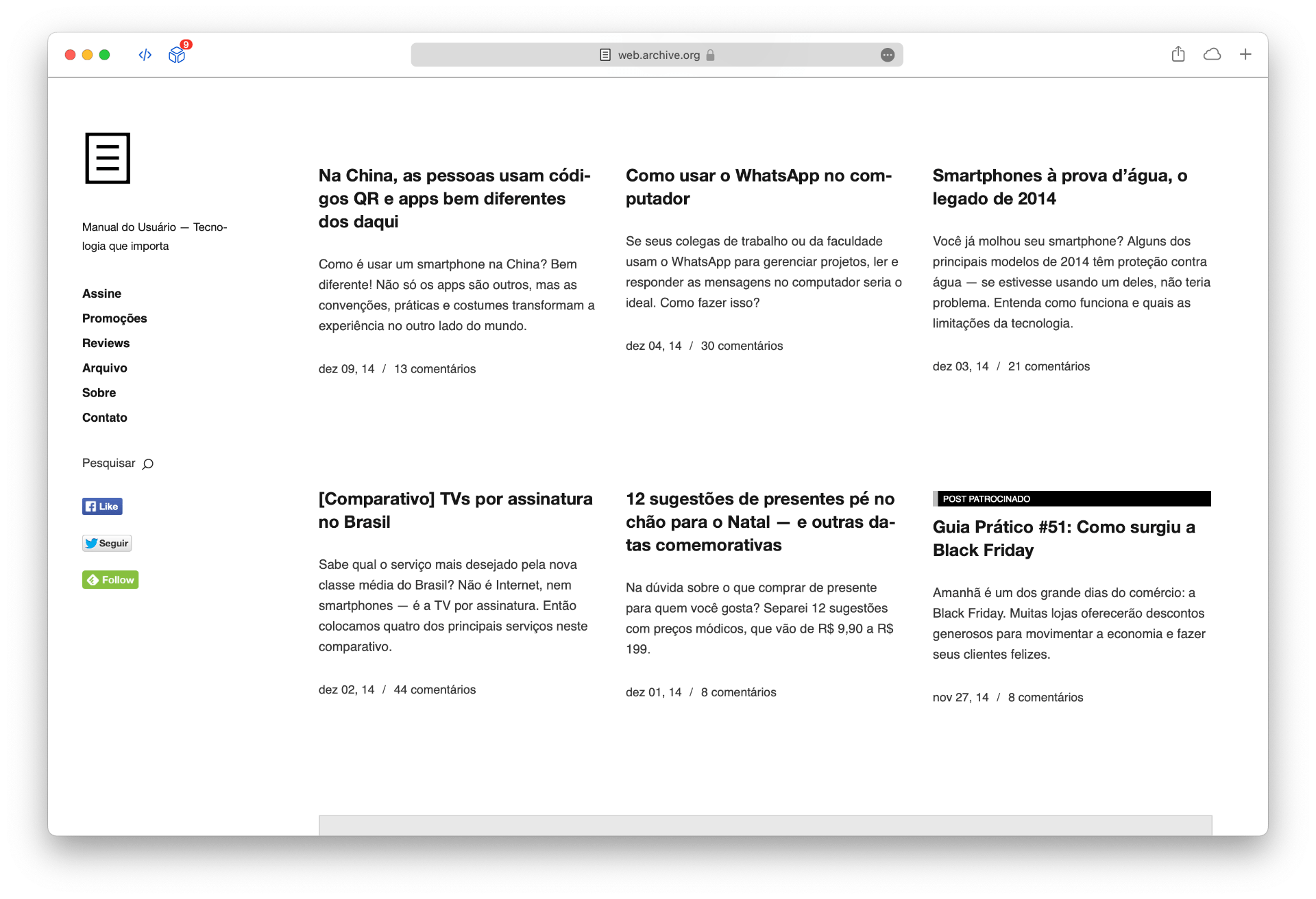 Print do tema Moka no Manual, com um menu lateral à esquerda e blocos de posts no restante da página.