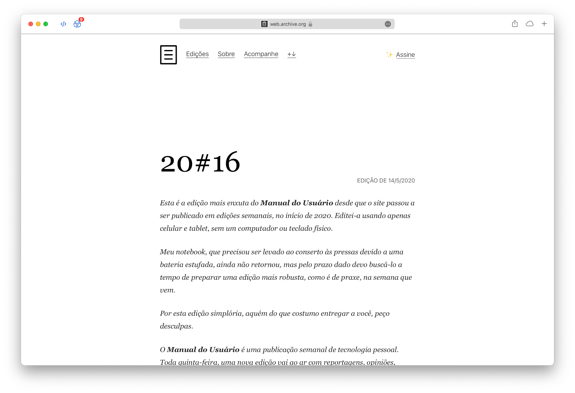 Mesmo tema, com uma página inicial detalhando uma “edição” (20#16) do Manual.