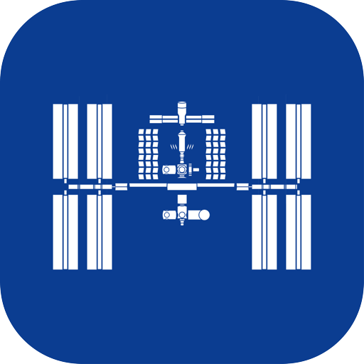 Ícone do aplicativo Spot the Station: imagem monocromática da Estação Espacial Internacional contra um fundo azul escuro.