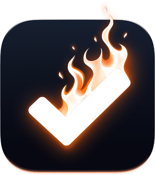 Ícone do Hotlist: um sinal de correto (“v”) branco, em chamas, contra um fundo preto.