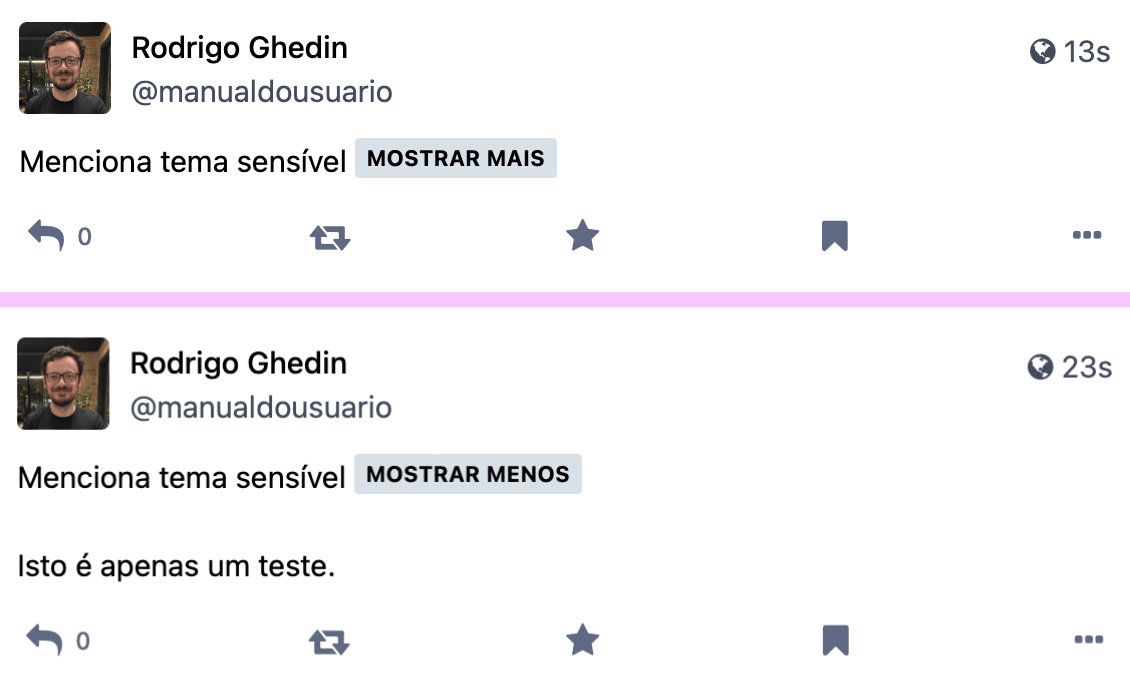 Dois prints de um post no Mastodon com aviso de conteúdo, o primeiro com o botão “Mostrar mais” e o conteúdo oculto, o segundo com o conteúdo exposto após clique no botão.