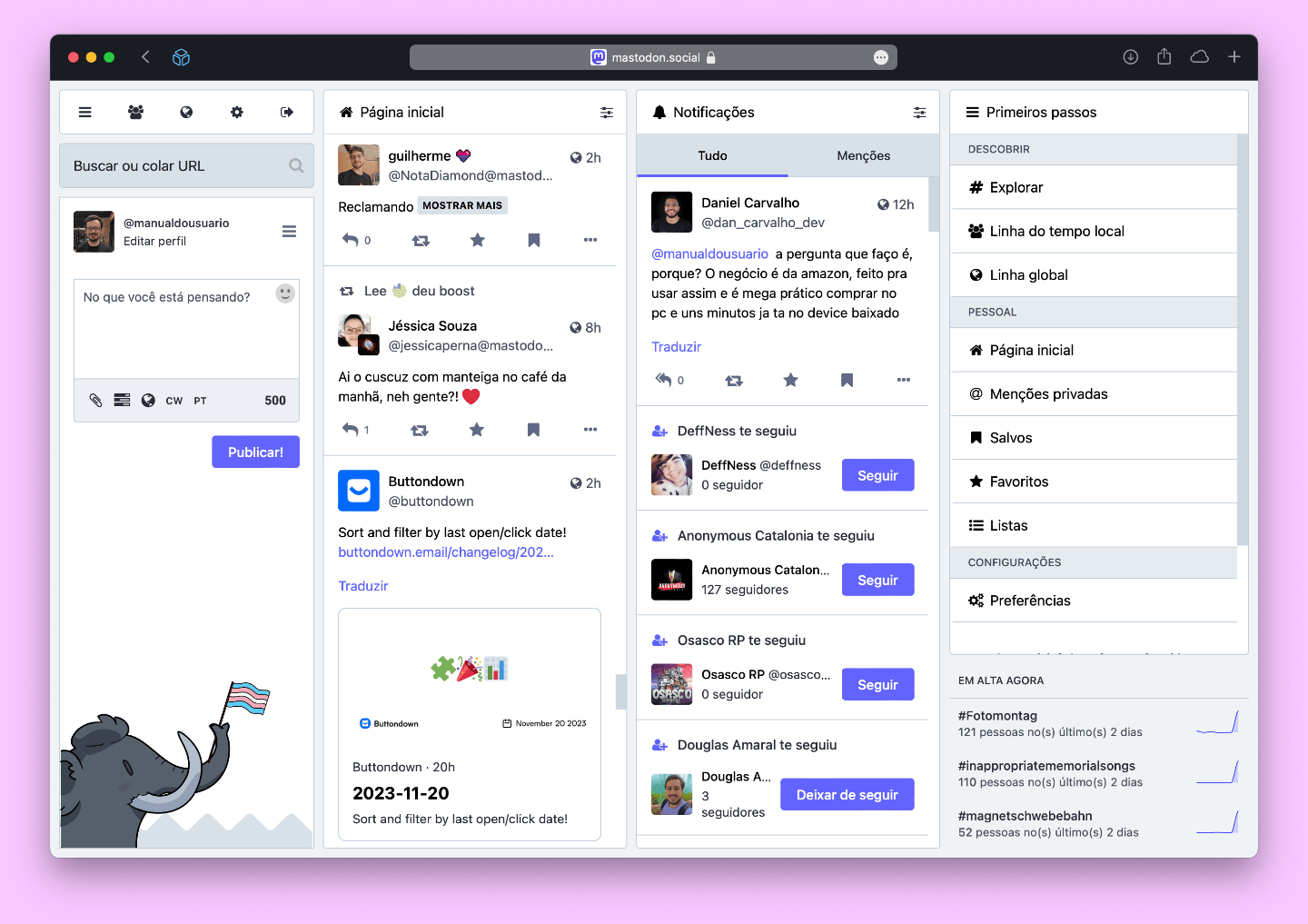 Print da interface avançada do Mastodon aberta no navegador Safari.