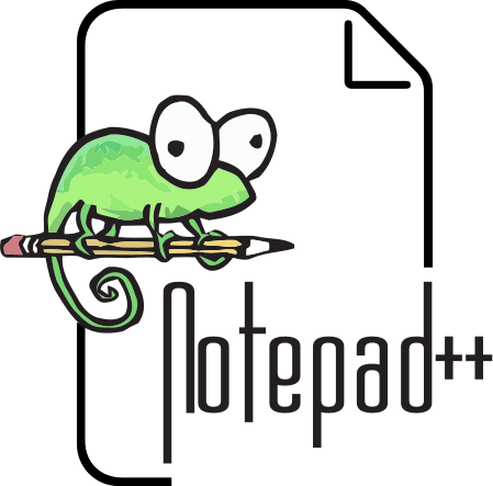 Ícone do Notepad++: uma iguana estilizada, segurando um lápis, em frente a uma folha de papel com o nome do app embaixo.