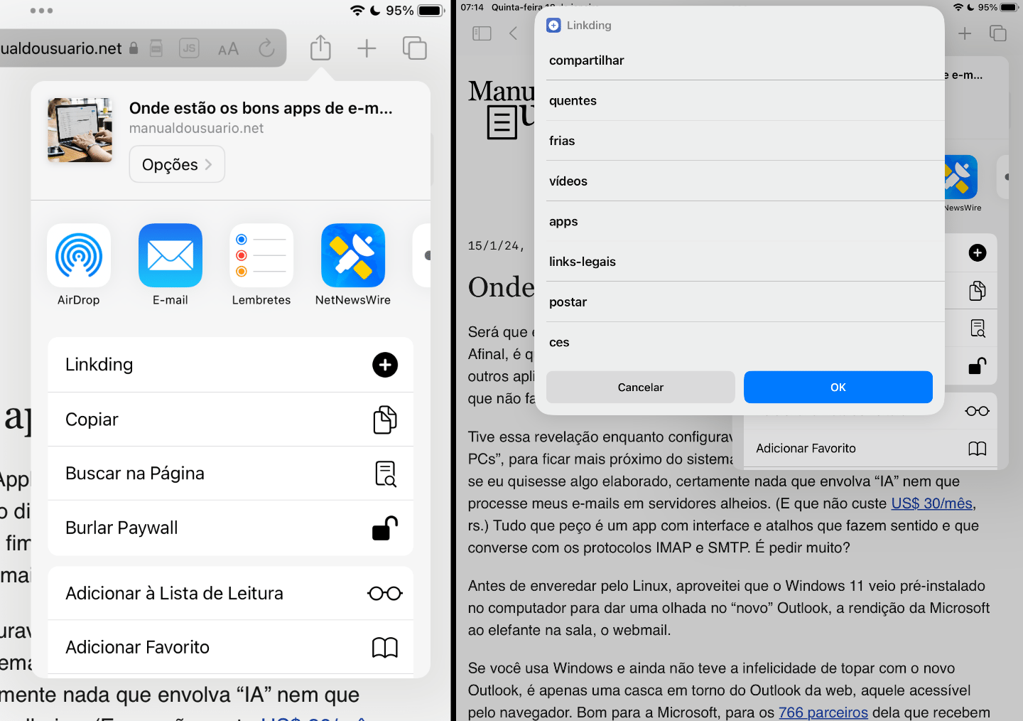 Dois prints, lado a lado, mostrando o fluxo de salvar um link no iOS com o atalho do Linkding.